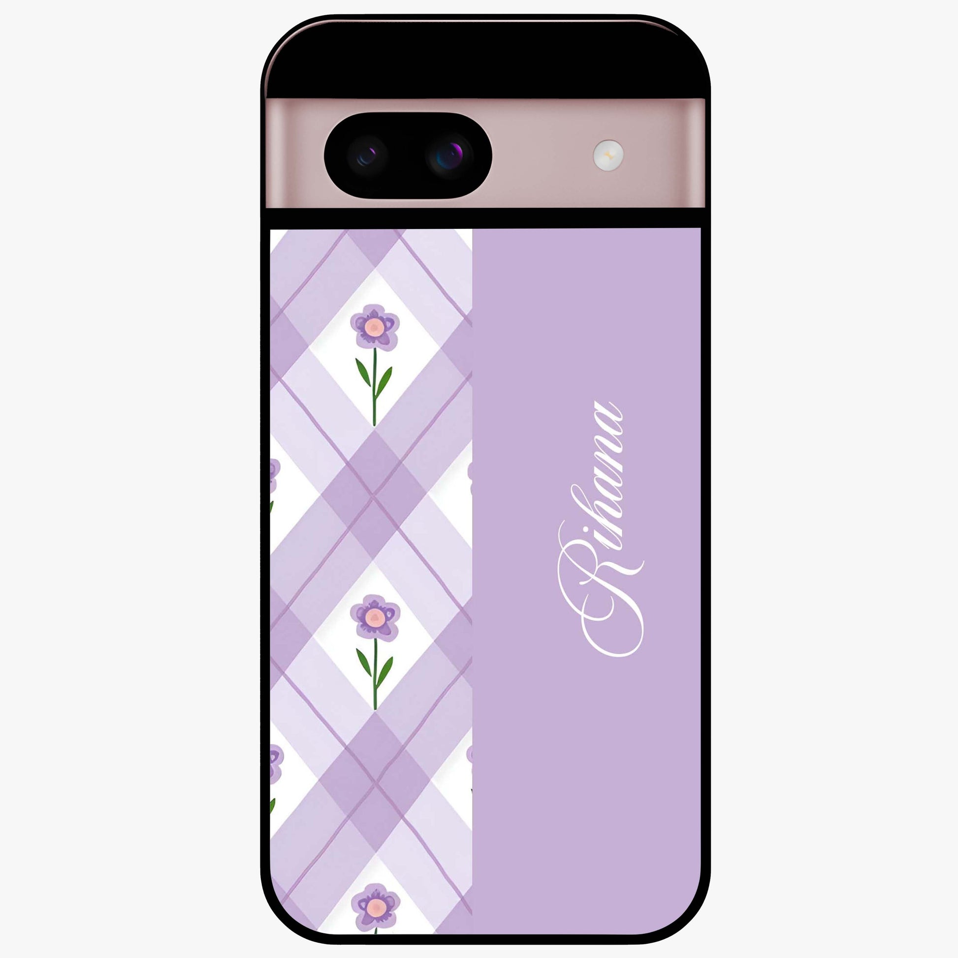 Purple Diamond Floral Glass Case showing flat back view with diamond shaped floral artwork and glossy glass finish.