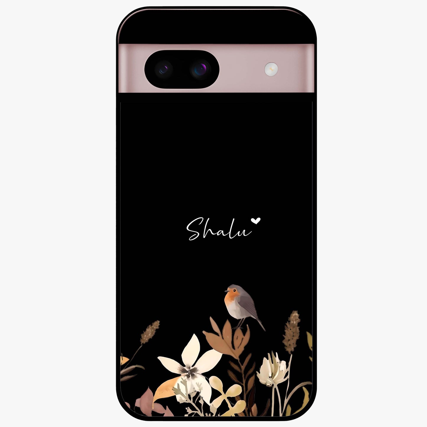 Quiet Garden Tune Custom Name Glass Case showing flat back view with peaceful garden artwork and personalized name design.