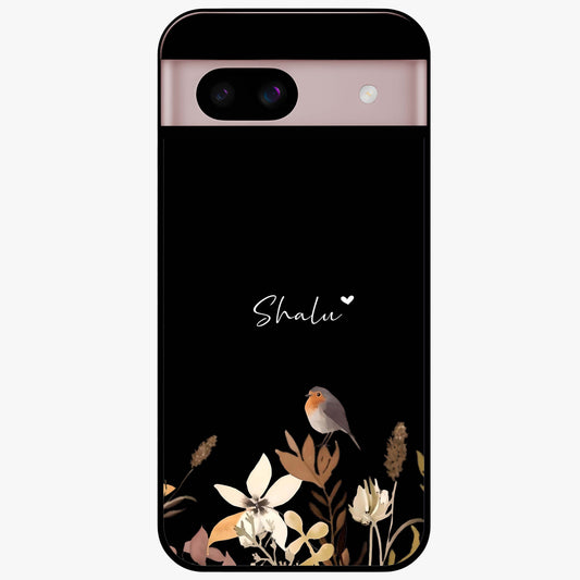Quiet Garden Tune Custom Name Glass Case showing flat back view with peaceful garden artwork and personalized name design.