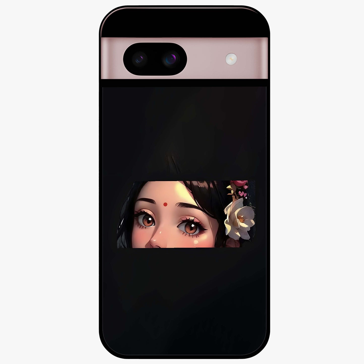 Radha Divine Embrace Glass Case showing flat back view with devotional Radha artwork and glossy glass finish.