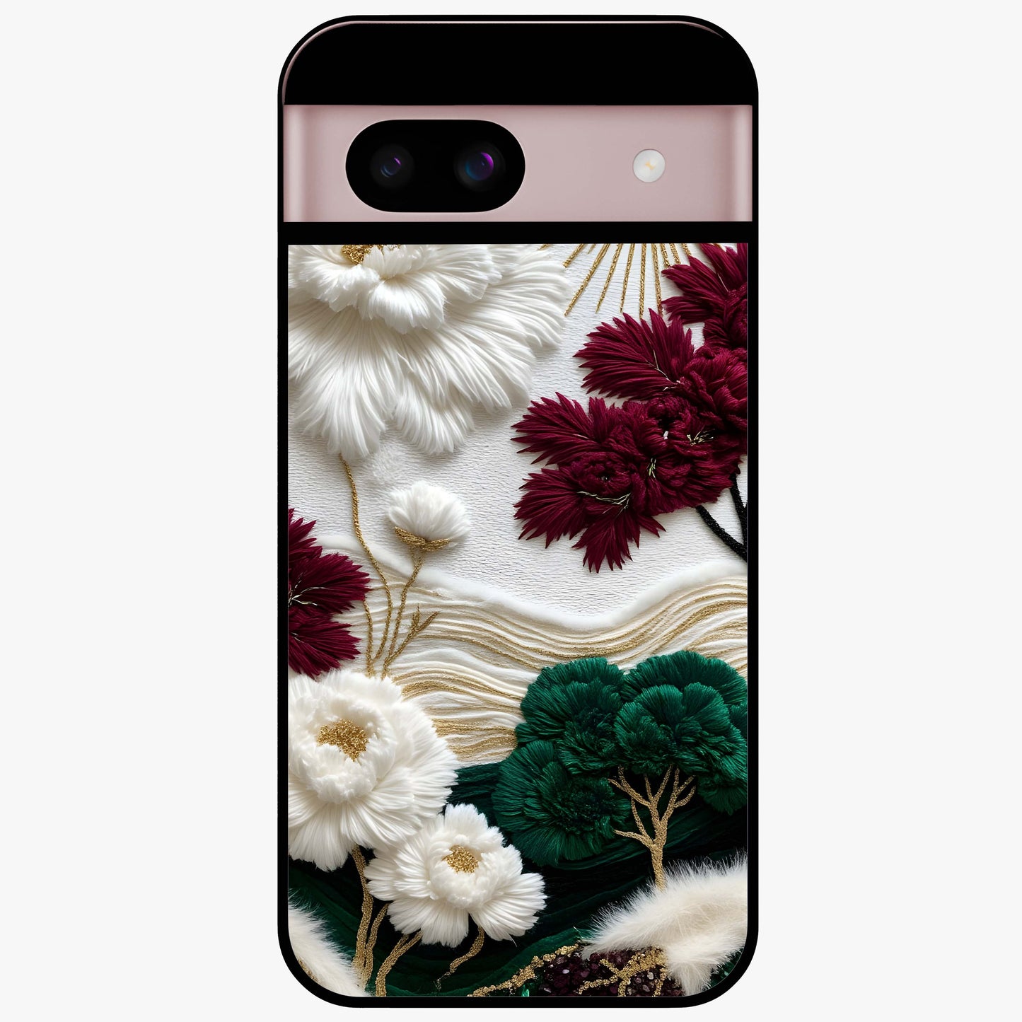 Radiant Bloom Elegance Glass Case showing flat back view with elegant blooming flower artwork and glossy glass finish.