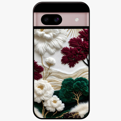 Radiant Bloom Elegance Glass Case showing flat back view with elegant blooming flower artwork and glossy glass finish.