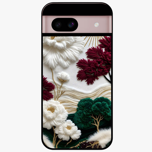 Radiant Bloom Elegance Glass Case showing flat back view with elegant blooming flower artwork and glossy glass finish.