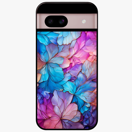 Radiant Floral Whirl Glass Case showing flat back view with swirling floral artwork and glossy glass finish.