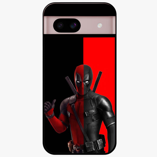 Red & Black Deadpool Theme Glass Case showing flat back view with bold comic inspired artwork and glossy glass finish.