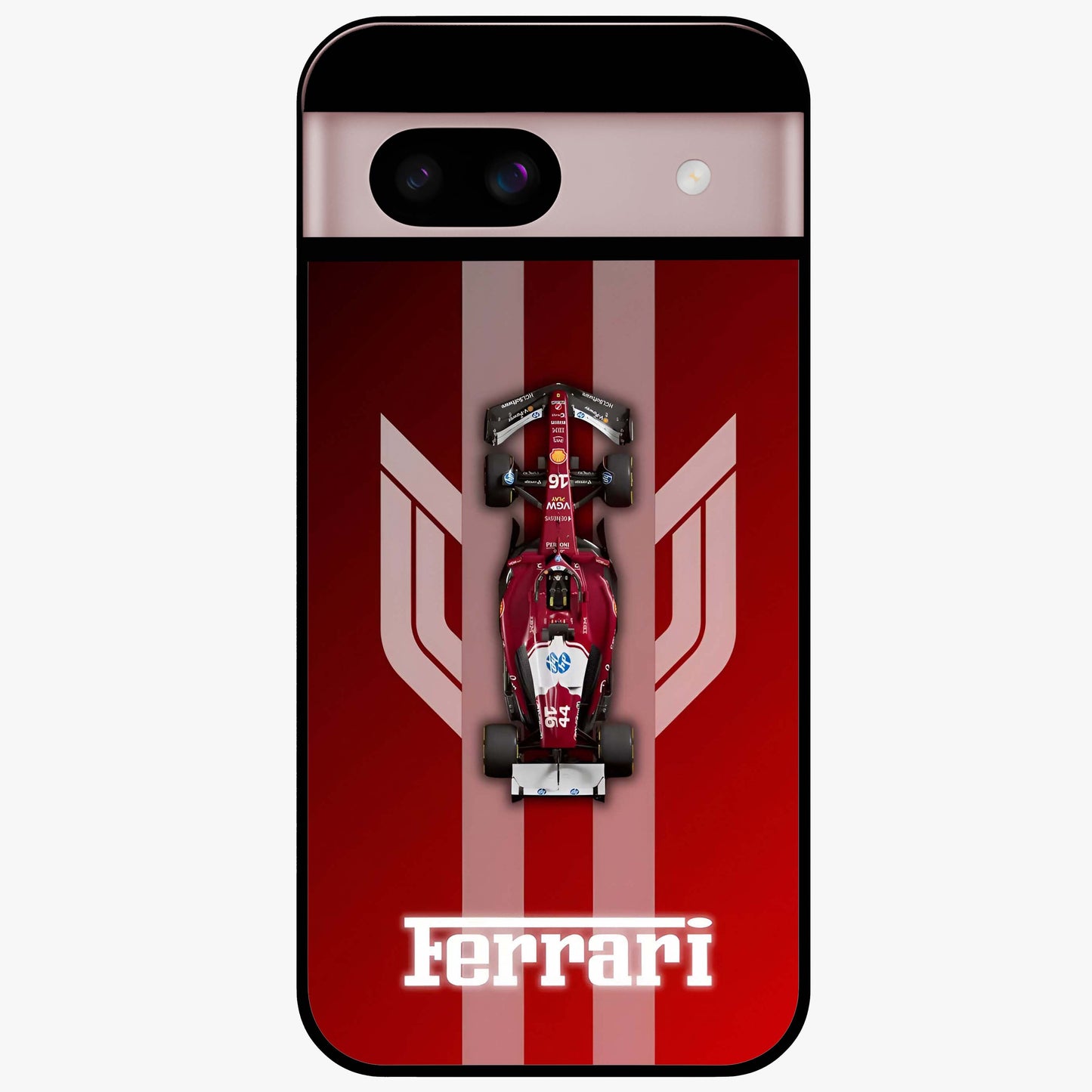 Red Ferrari F1 Vertical Glass Case showing flat back view with sleek Formula racing car artwork and glossy glass finish.