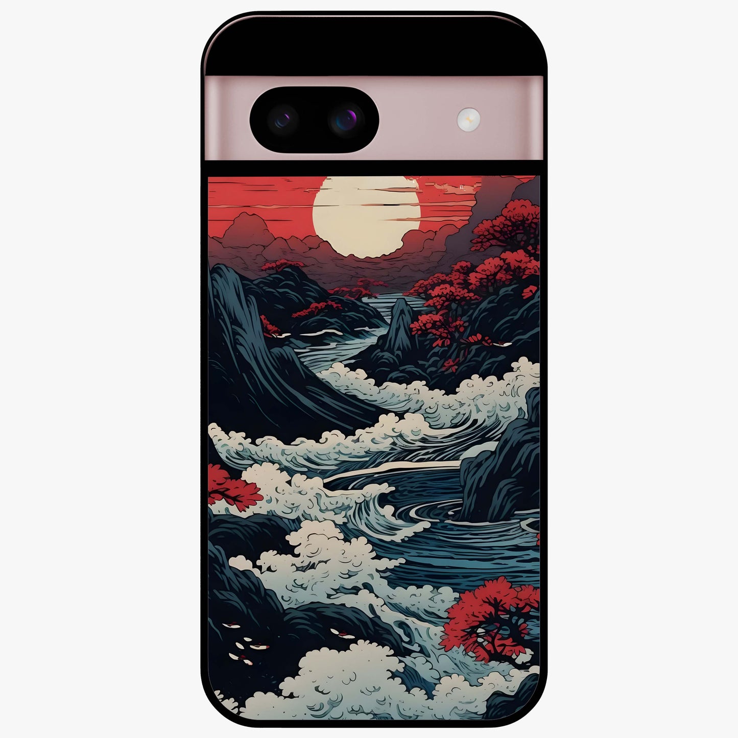 Red Sunset Scenery Glass Case showing flat back view with vibrant sunset landscape artwork and glossy glass finish.
