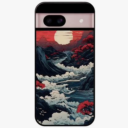 Red Sunset Scenery Glass Case showing flat back view with vibrant sunset landscape artwork and glossy glass finish.