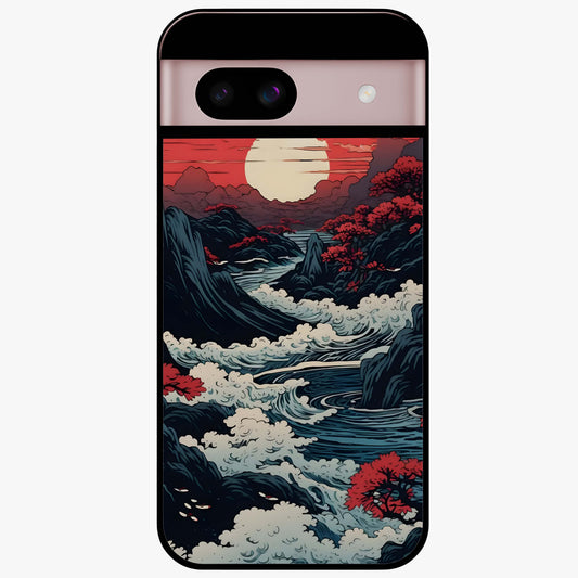 Red Sunset Scenery Glass Case showing flat back view with vibrant sunset landscape artwork and glossy glass finish.