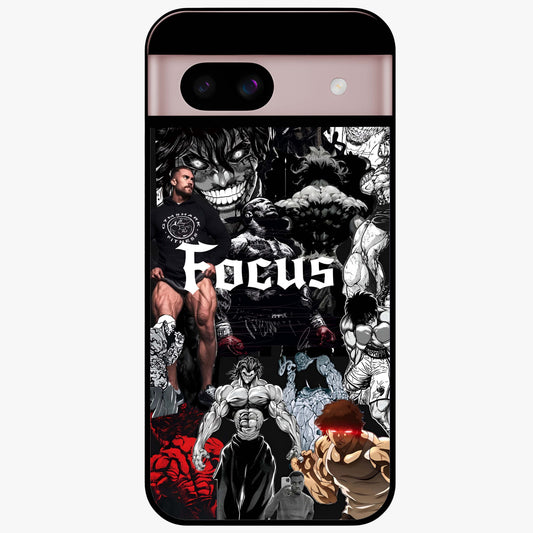 Relentless Power Focus Glass Case showing flat back view with motivational typography artwork and glossy glass finish.