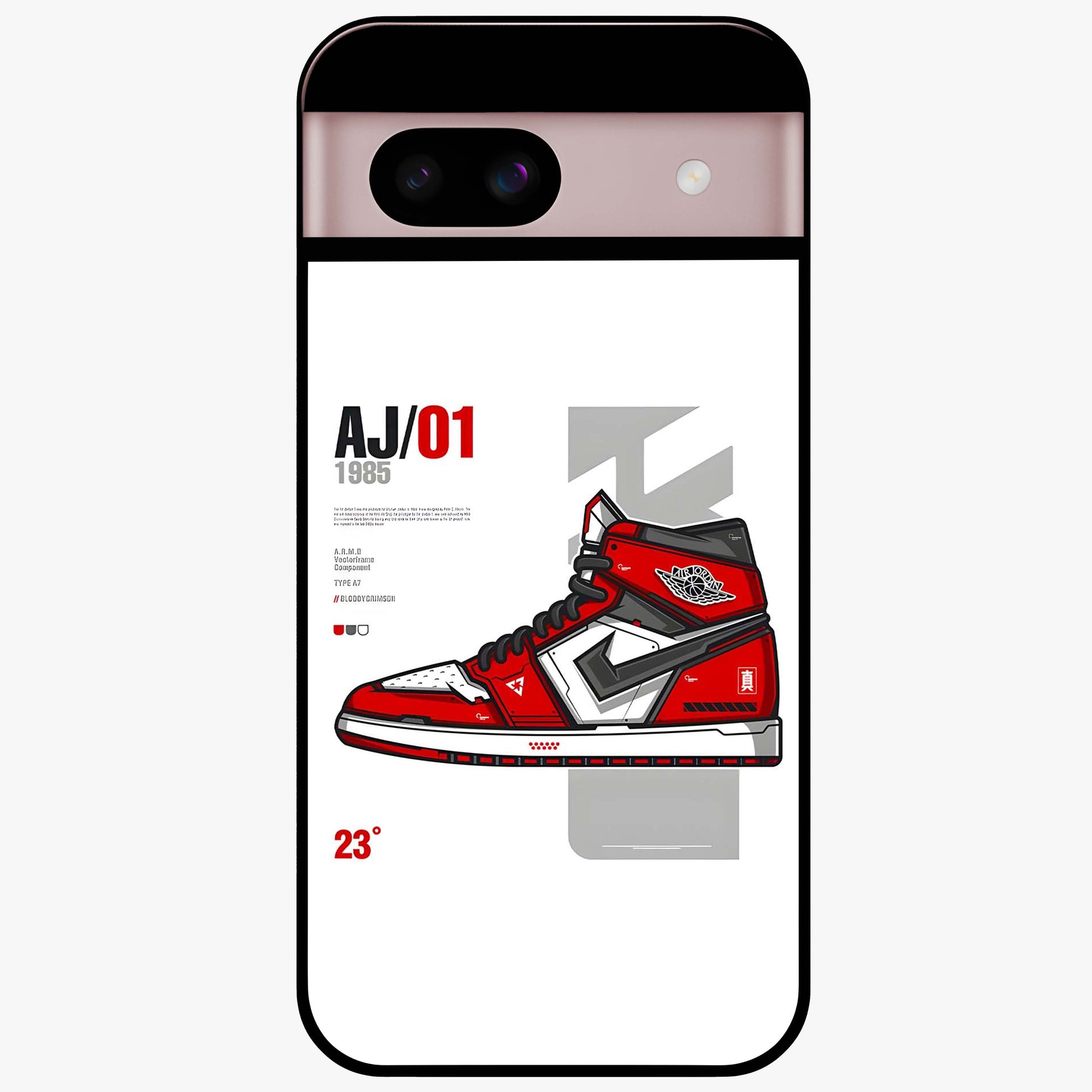Retro Sneaker Blueprint Glass Case showing flat back view with sneaker blueprint style artwork and glossy glass finish.