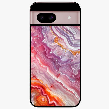 Rose Quartz Marble Glass Case showing flat back view with pink marble quartz texture artwork and glossy glass finish.