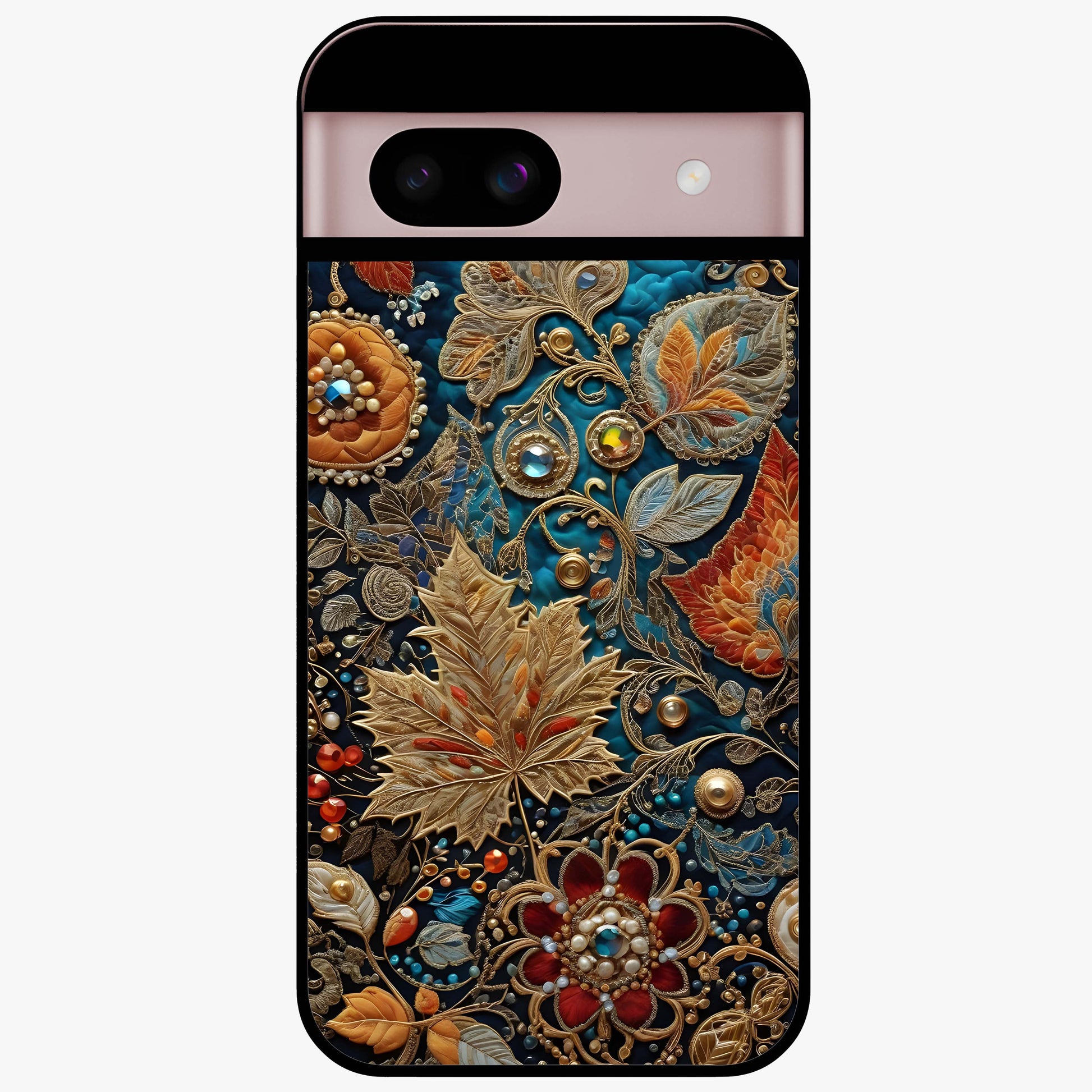 Royal Jewel Garden Glass Case showing flat back view with decorative floral garden artwork and glossy glass finish.