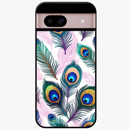 Royal Peacock Feathers Glass Case showing flat back view with colorful peacock feather artwork and glossy glass finish.