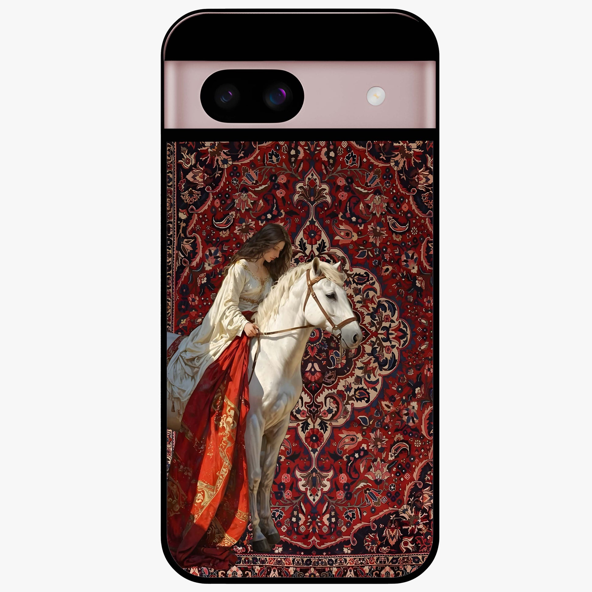 Royal Rider Tapestry Glass Case showing flat back view with majestic horse rider tapestry artwork and glossy glass finish.