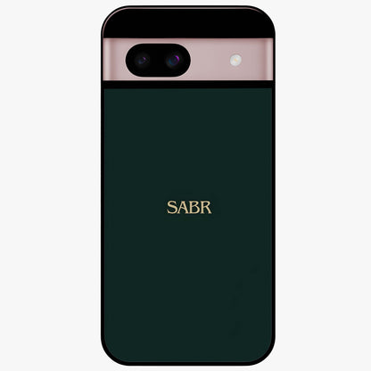 Sabr Minimal Patience Glass Case showing flat back view with minimalist typography artwork and glossy glass finish.
