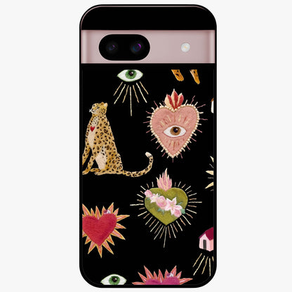 Sacred Jungle Heart Glass Case showing flat back view with jungle inspired heart artwork and glossy glass finish.