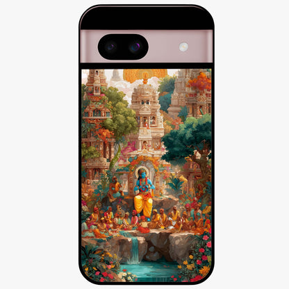 Sacred Sunlight Gods Glass Case showing flat back view with divine sunlight themed artwork and glossy glass finish.