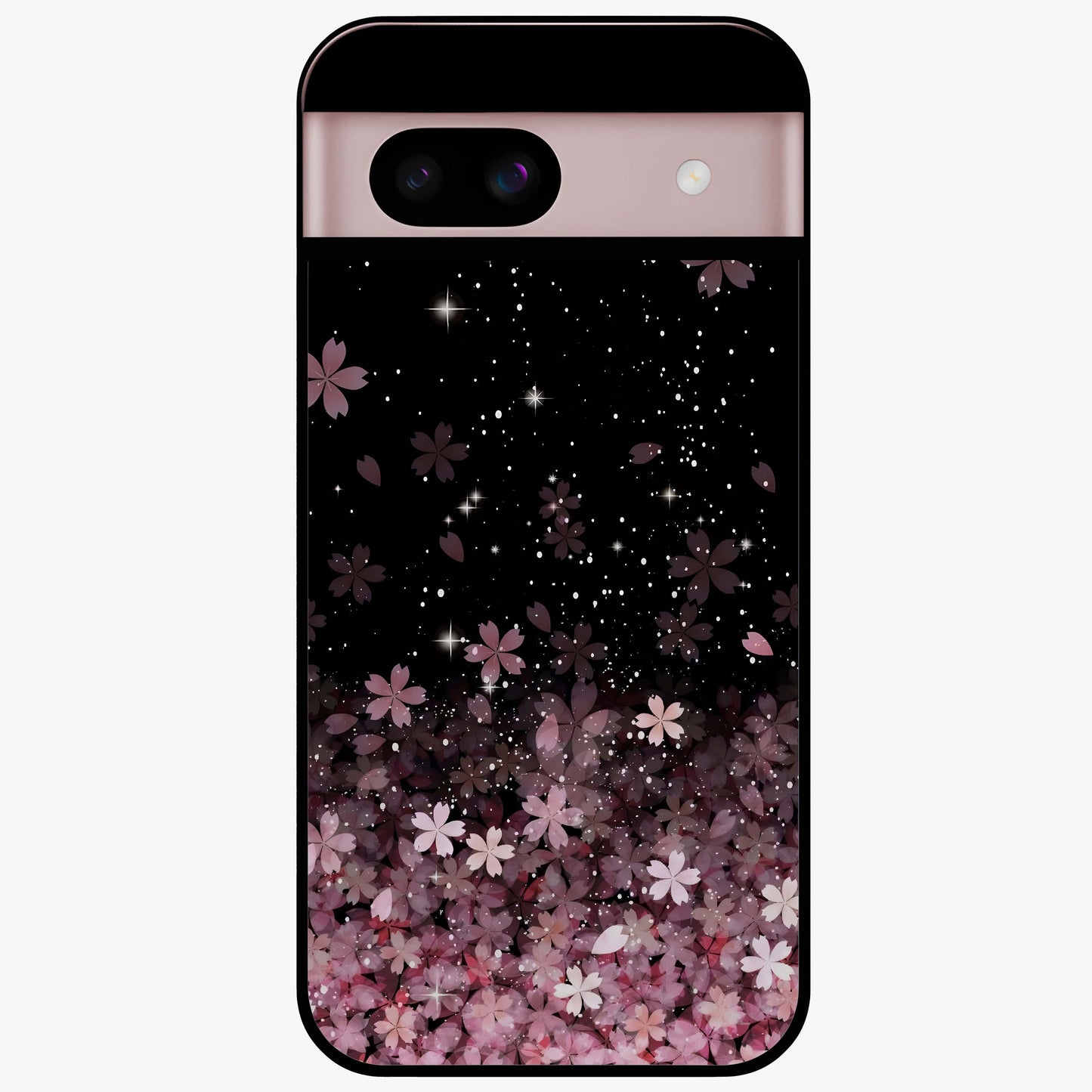Small Starry Flowers Glass Case showing flat back view with delicate starry floral artwork and glossy glass finish.