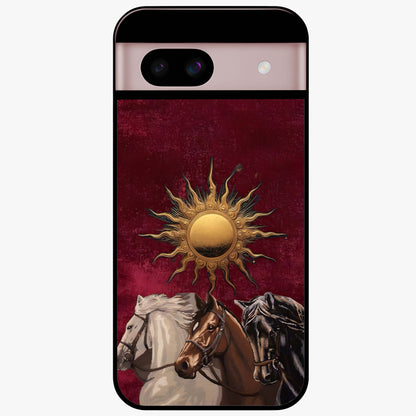 Solar Riders Glass Case showing flat back view with dynamic rider themed artwork and glossy glass finish.