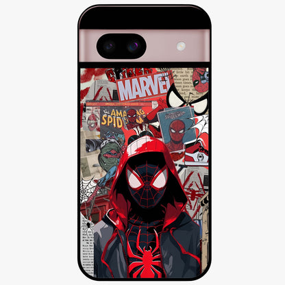 Spider Collage Street Glass Case showing flat back view with vibrant superhero collage artwork and glossy glass finish.