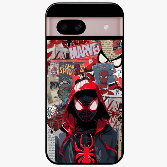 Spider Collage Street Glass Case showing flat back view with vibrant superhero collage artwork and glossy glass finish.