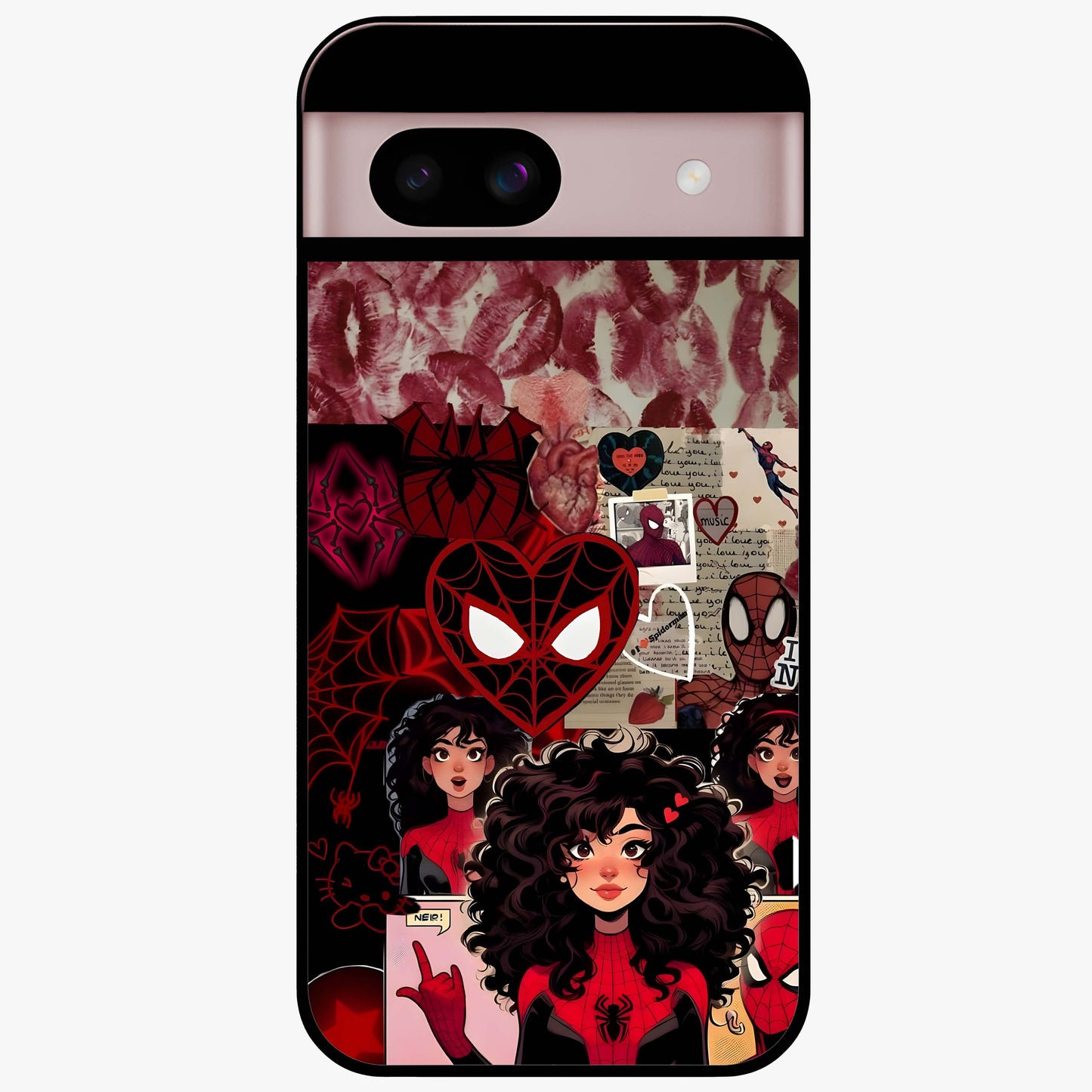 Spider Love Story Glass Case showing flat back view with romantic superhero themed artwork and glossy glass finish.