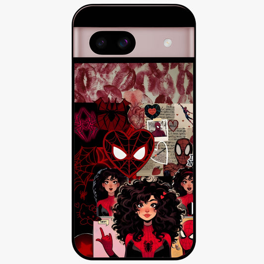 Spider Love Story Glass Case showing flat back view with romantic superhero themed artwork and glossy glass finish.