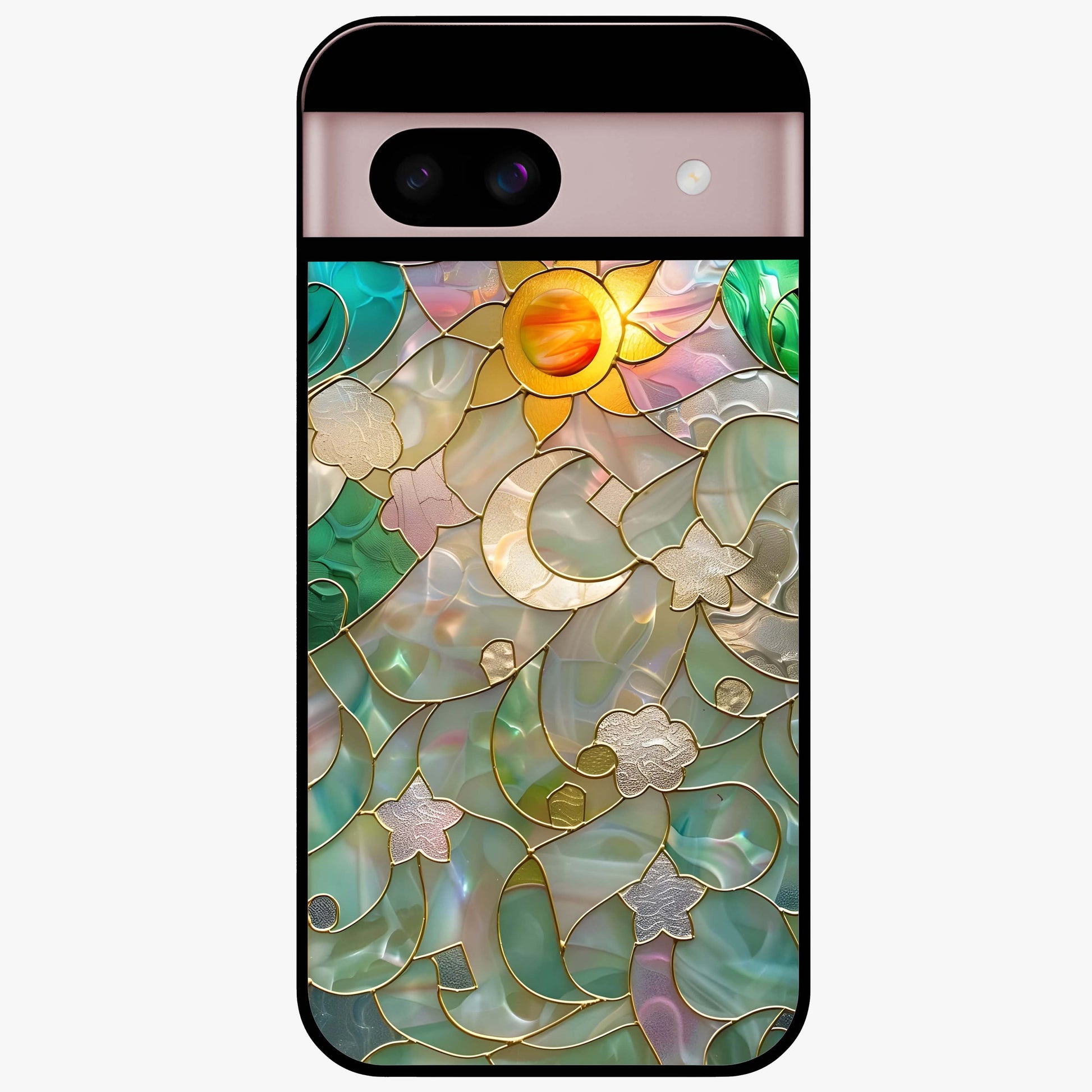 Stained Sunrise Glow Glass Case showing flat back view with glowing sunrise stained pattern artwork and glossy glass finish.