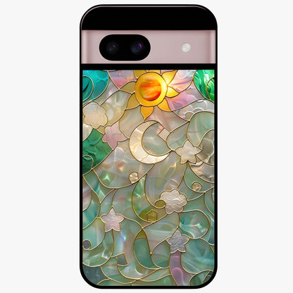 Stained Sunrise Glow Glass Case showing flat back view with glowing sunrise stained pattern artwork and glossy glass finish.