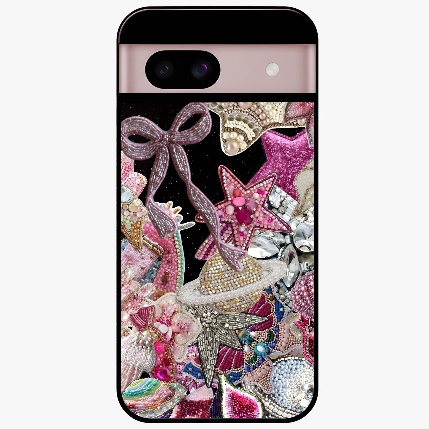 Starlit Jewel Dream Glass Case showing flat back view with sparkling jewel and star themed artwork and glossy glass finish.