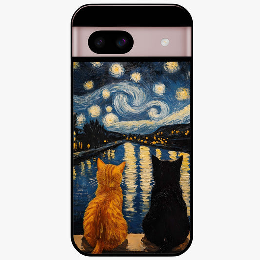 Starry River Cats Glass Case showing flat back view with cats by a starry river artwork and glossy glass finish.