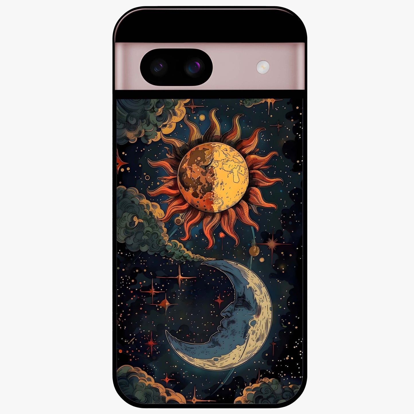 Sun And Moon Magic Design Glass Case showing flat back view with mystical sun and moon artwork and glossy glass finish.