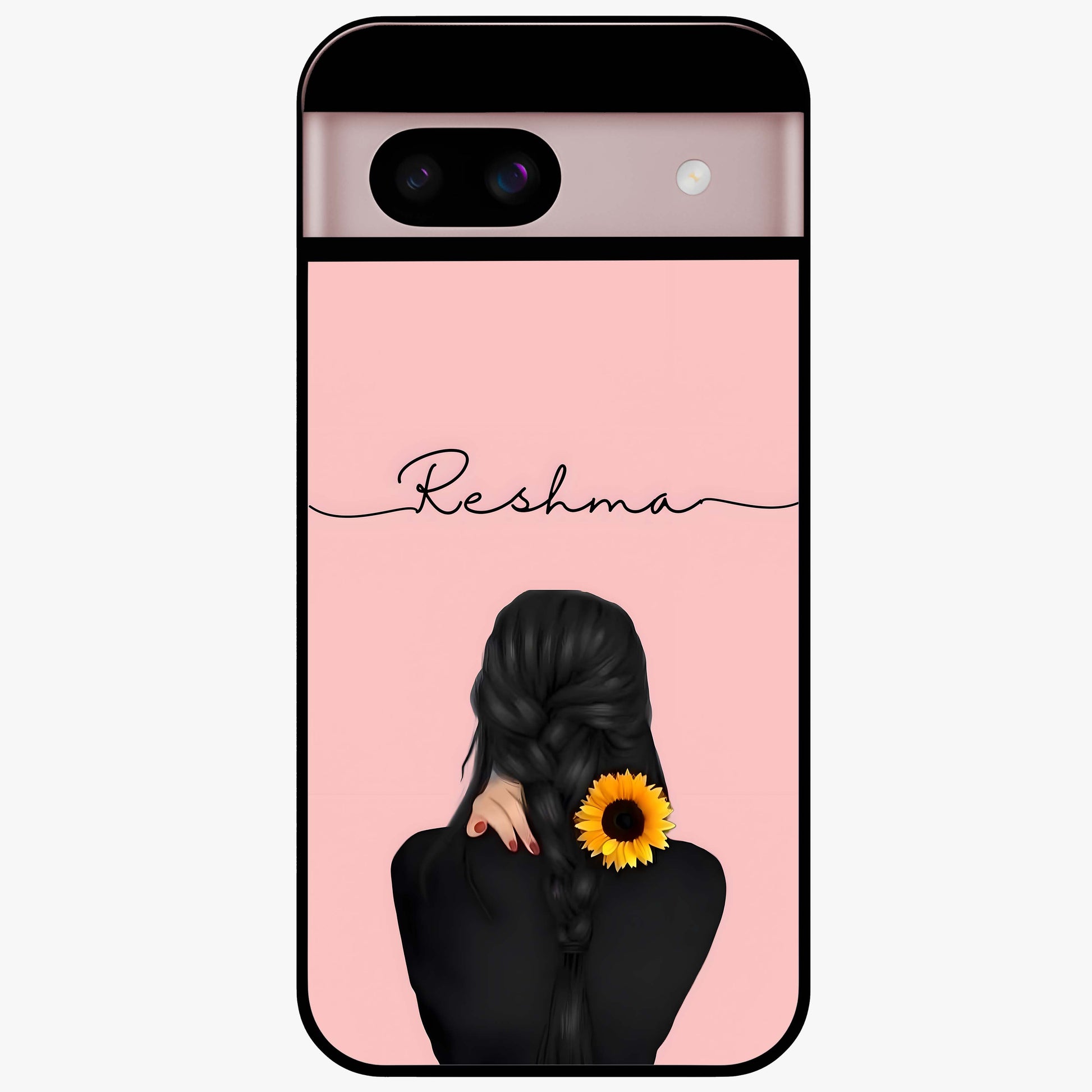Sunflower Braid Beauty With Custom Name Glass Case showing flat back view with sunflower braid artwork and personalized name design.
