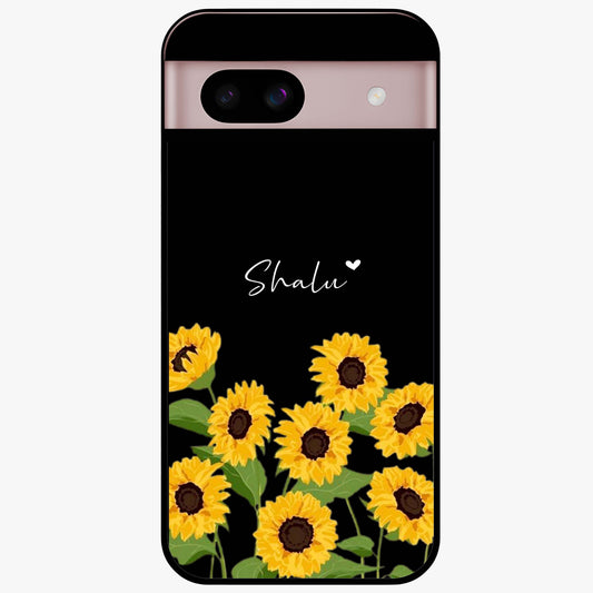 Sunflower Chic Mood Custom Name Glass Case showing flat back view with stylish sunflower artwork and personalized name design.