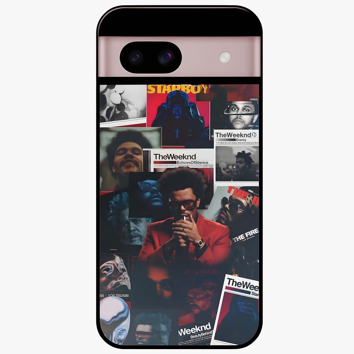 The Weeknd Glass Case showing flat back view with music inspired artistic portrait artwork and glossy glass finish.