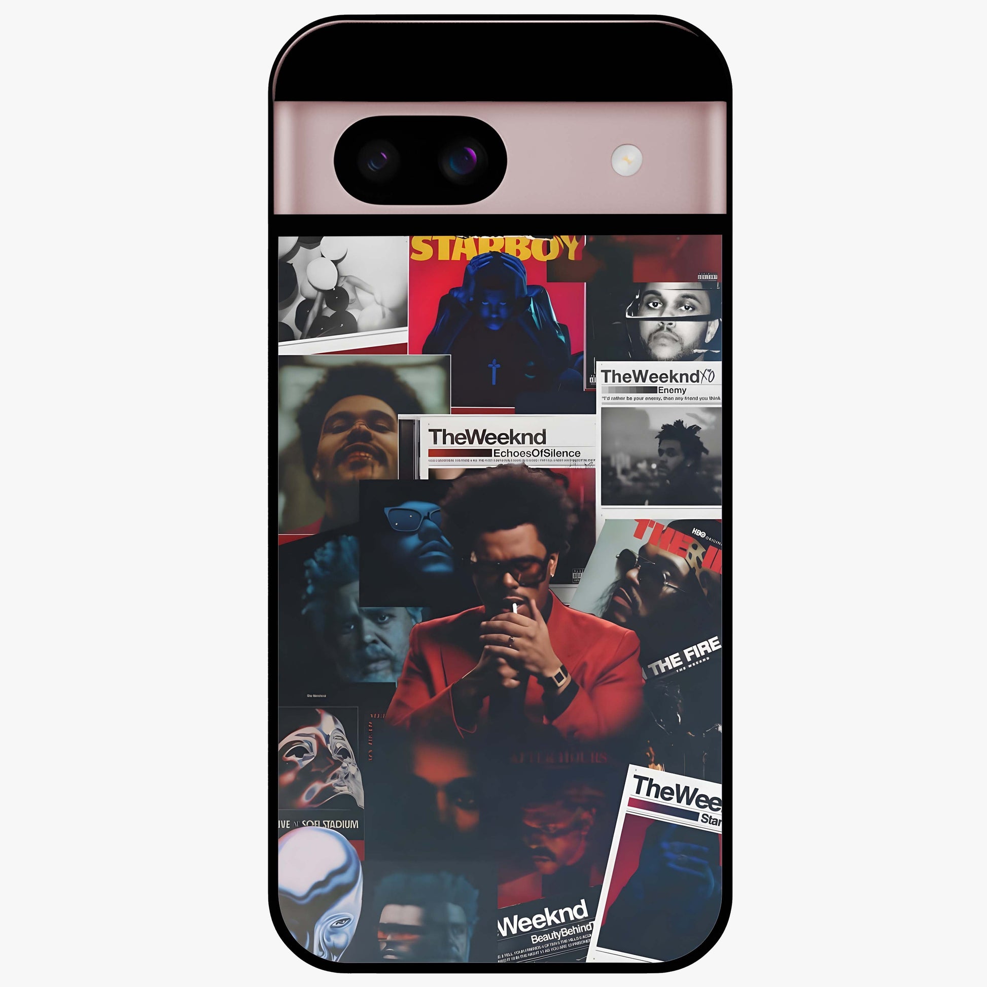 The Weeknd Glass Case showing flat back view with music inspired artistic portrait artwork and glossy glass finish.