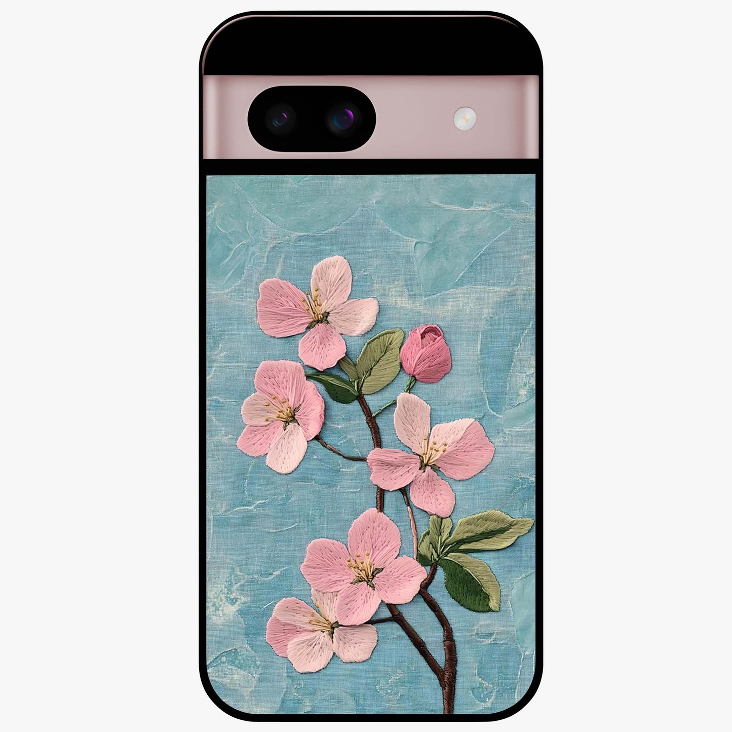 Threaded Blossom Breeze Glass Case showing flat back view with delicate blossom artwork and glossy glass finish.