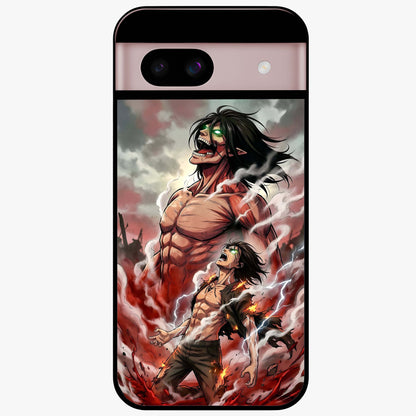 Titan Awakening Fury Glass Case showing flat back view with powerful titan inspired artwork and glossy glass finish.