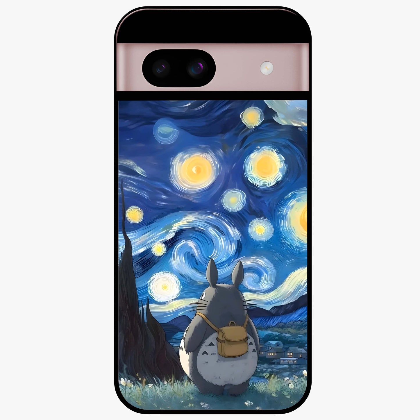 Totoro In Van Gogh Art Glass Case showing flat back view with whimsical character artwork inspired by Van Gogh style and glossy glass finish.