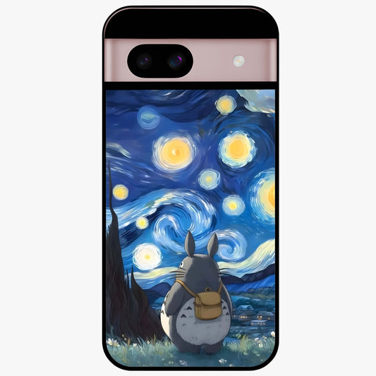 Totoro In Van Gogh Art Glass Case showing flat back view with whimsical character artwork inspired by Van Gogh style and glossy glass finish.