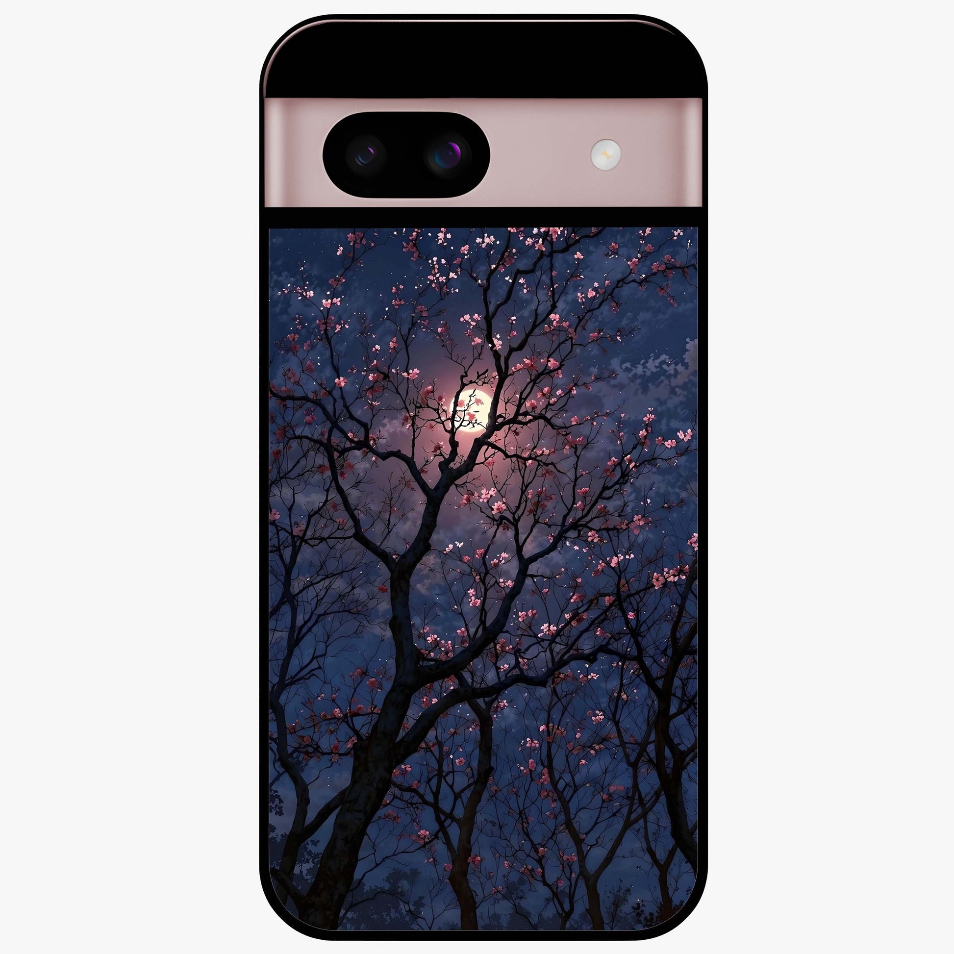 Twilight Sakura Serenade Glass Case showing flat back view with cherry blossom artwork at twilight and glossy glass finish.