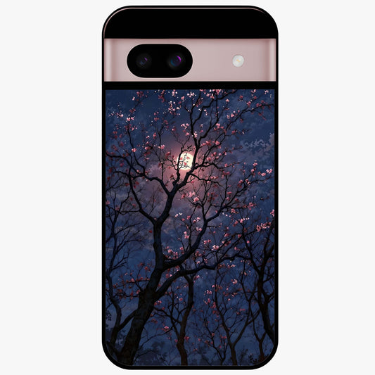Twilight Sakura Serenade Glass Case showing flat back view with cherry blossom artwork at twilight and glossy glass finish.