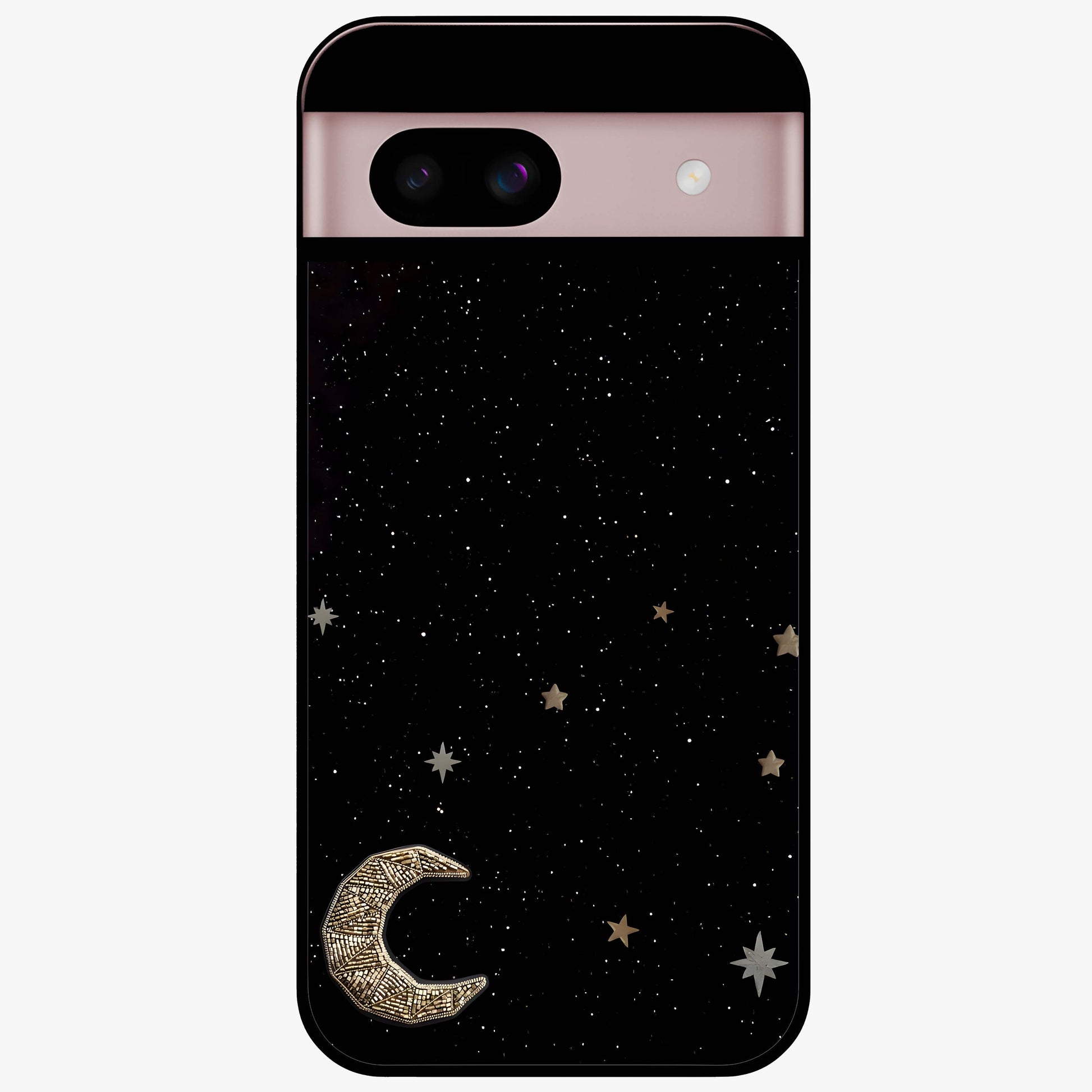 Twinkle Star With Half Moon Glass Case showing flat back view with star and half moon artwork and glossy glass finish.