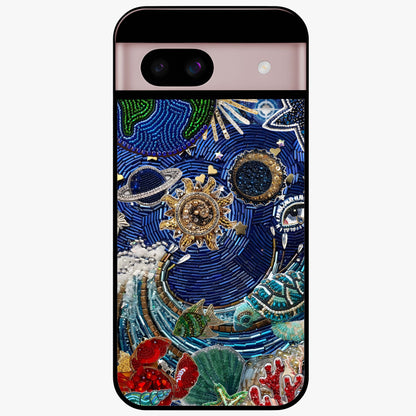 Universe Underwater Spark Glass Case showing flat back view with cosmic underwater themed artwork and glossy glass finish.