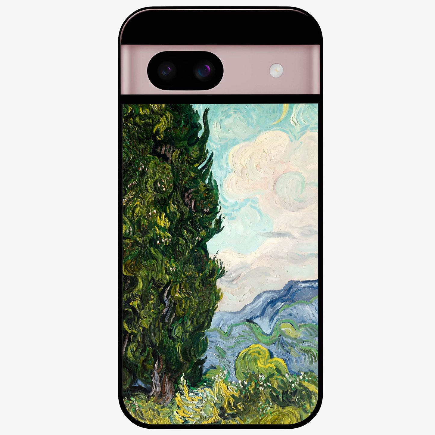 Van Gogh Vintage Art Glass Case showing flat back view with vintage painterly artwork inspired by Van Gogh style and glossy glass finish.
