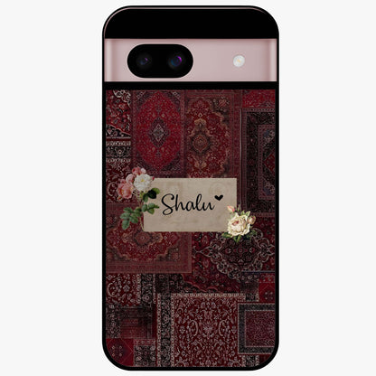 Velvet Wine Pattern Custom Name Glass Case showing flat back view with elegant wine colored pattern artwork and personalized name design.