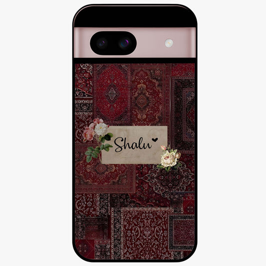 Velvet Wine Pattern Custom Name Glass Case showing flat back view with elegant wine colored pattern artwork and personalized name design.