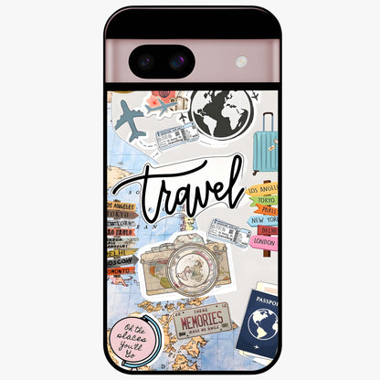 Wanderlust Journal Glass Case showing flat back view with travel inspired artwork and glossy glass finish.
