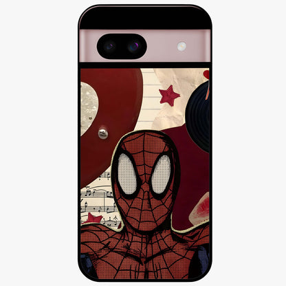 Web Warrior Vibes Glass Case showing flat back view with superhero inspired web themed artwork and glossy glass finish.